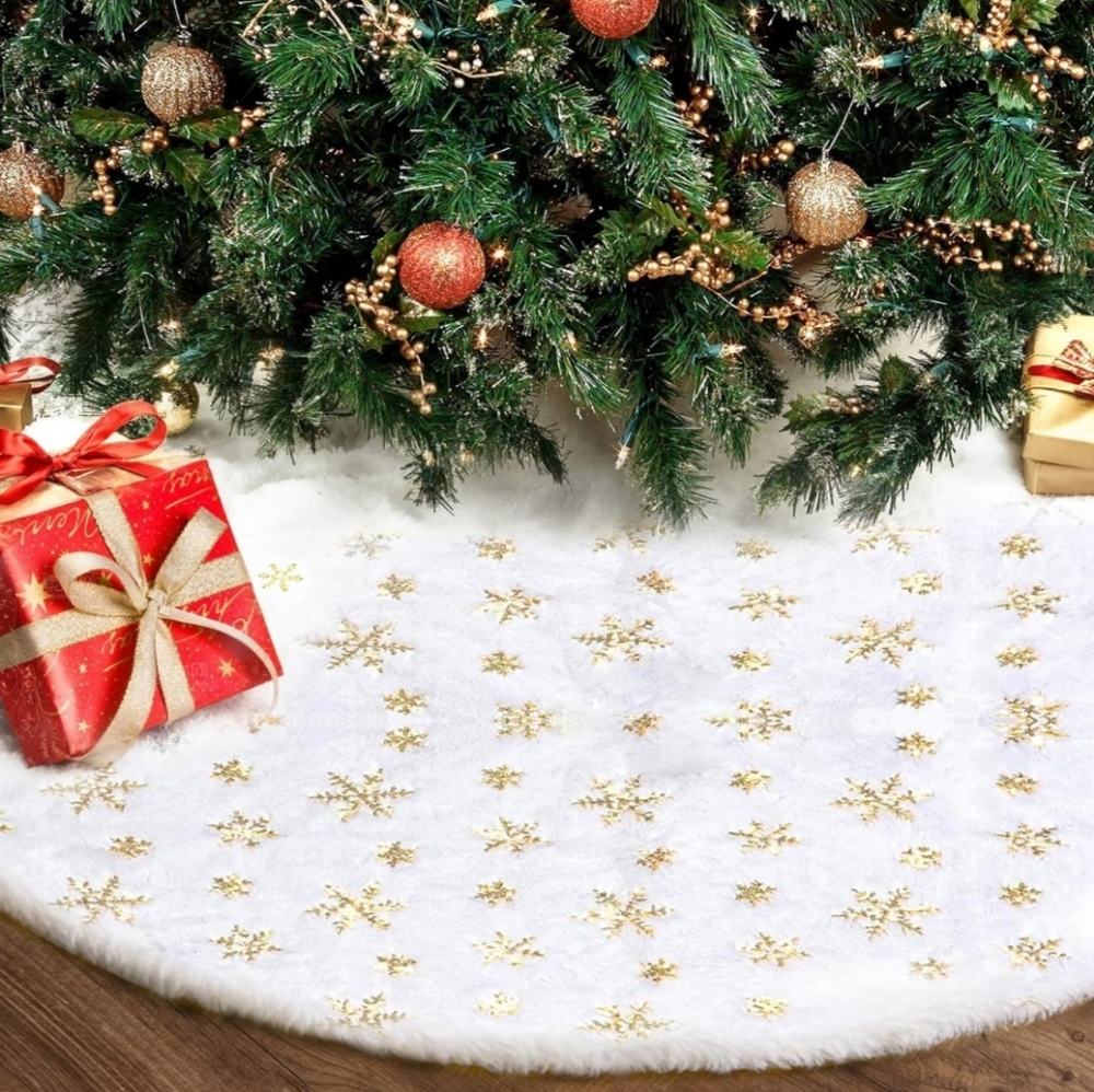 36 Inches Snowflake Christmas Tree Skirt White Plush Gold Sequin Holiday Decor